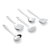 Montavo by FnS Amazon Stainless Steel Serving Tools Set of 5, 1 Rice Server, 1 Gravy Ladle(chamcha), 1 Skimmer Turner(Karchhi), 1 Veg Serving Spoon(Spatula), 1 Turner Solid(Palta)